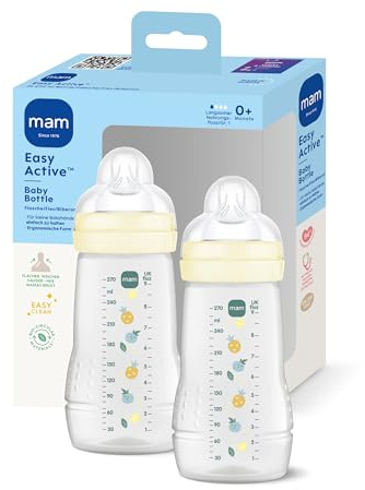 MAM Easy Active Babyflasche 2x 270 ml, 0+ Monate, Sauger Gr. 1, Früchte | SkinSoft Sauger fast wie beim Stillen, ergonomisch, weite Öffnung, spülmaschinenfest, Deckel als Messbecher, auslaufsicher