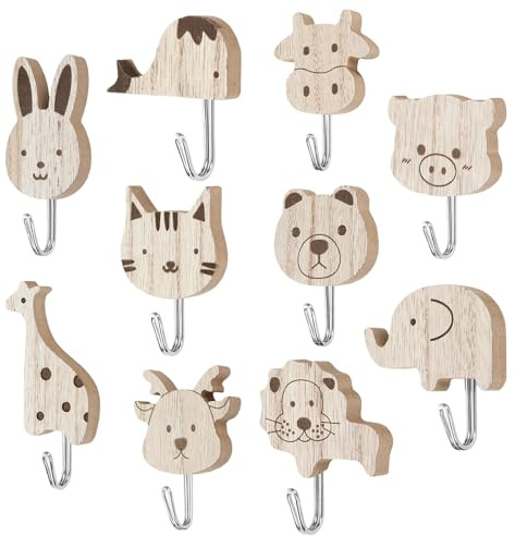 TianFukj 10 Stück Kleiderhaken Kinder, Tier Garderobenhaken Kinder aus Holz, Selbstklebender Kleiderhaken Kinderzimmer, Kindergarderobe Haken für Schlafzimmer Badezimmer Küche