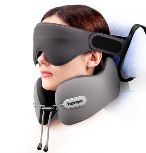 Inspireyes Cuscino per il Collo, Cuscino da Viaggio con Cinturino per Sedile, Maschera da Sonno 3D, Supporto Doppio per Collo e Testa, Cuscino per Aereo in Schiuma ad Alto Supporto per Lunghi Voli e