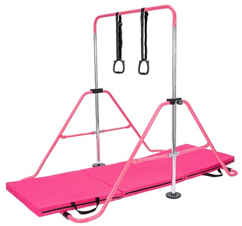 M.J COMFY-LIFE Gymnastics Bar with Three-fold mat and Rings, Horizontal Bar, Kids Gymnastics Equipment-5 adjustable heights-Quick storage (Pink Bar + Pink Mat)