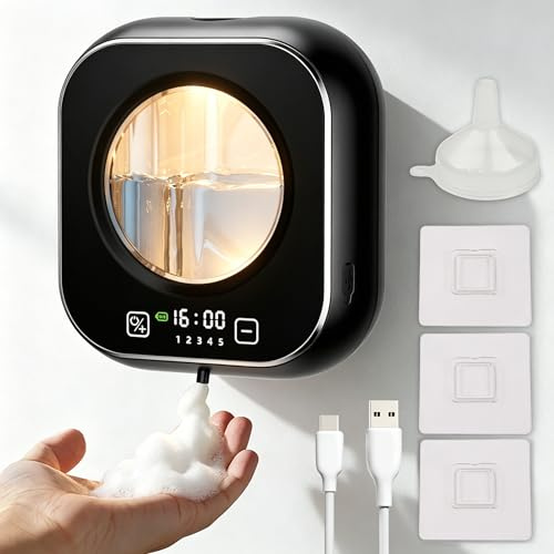 NEXSTRON Wall Mounted Touchless Foam Soap Dispenser, 5 Adjustable Foam Levels, LED Clock, USB-C Rechargeable, IPX5 Waterproof Automatic Sensor Pump for Bathroom Kitchen Office