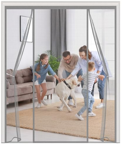 Magnetic Fly Screen for Double Doors,170x200cm Heavy Duty Polyester Mesh Door Curtain, Silent Self-Closing with Double-Sided Opening, 4cm Wide Top Tape,Pet Friendly,Grey