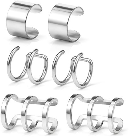 Ruifan Stainless Steel Ear Cuff Non piercing Fake Clip-on Cartilage Earring Set Women Men 6pcs - Silver