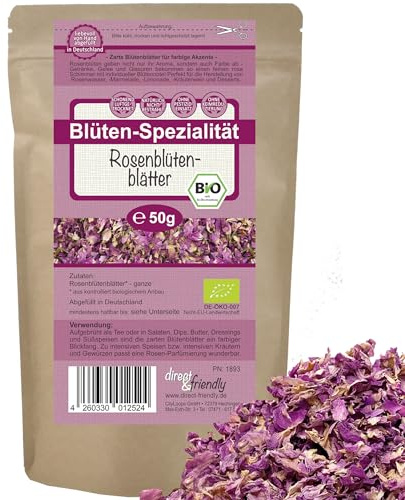 direct&friendly | Bio Rosenblütenblätter | farb-&duft-intensiv | 50g | Essbar | Tee | Backen | Wellness