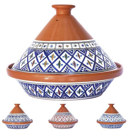 Kamsah Tagine Pot for Cooking and Flavor Enrichment - Large Clay Pot 12”, 5.5 QT - Non-Stick Handmade Cookware - Moroccan Ceramic Pots for Cooking with Lid & Serving Bowl - Bohemian Classic Blue