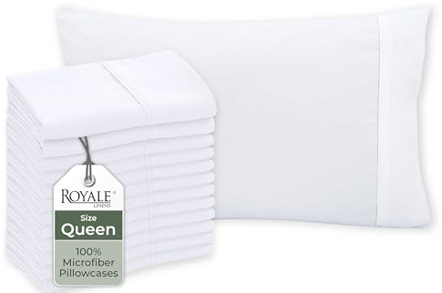 Royale Linens White Pillowcase Set of 12 - Queen 20x30 Bed Pillow Cover - 1800 Brushed Microfiber - Wrinkle & Fade Resistant - Bulk Pillow Cases - Hotel Quality Pillowcase 12 Pack (Queen, White)