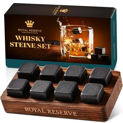 Whisky Steine Geschenkset – Eiswürfel Wiederverwendbar, Whiskey Geschenke für Männer in Braunem Holztablett – Geschenk Zubehör für Freund – Keine Verwässerung, von Royal Reserve