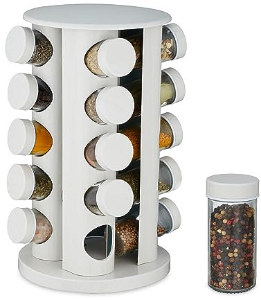 Relaxdays Especiero Giratorio, 20 Dosificadores, Rotatorio 360º, Soporte Especias, 5x19 cm, Efecto Madera, Blanco, Acero Inoxidable, 33,5 x 19 x 19 cm