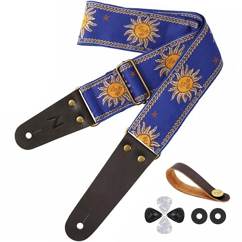 Nefelibata Gitarrengurt, sonnenbestickter Baumwollgitarrengurt mit Echtlederenden für Bass-, Elektro- und Akustikgitarren, kostenlose Schnalle, 1 Paar Gurtschlösser und 4 Gitarrenplektren