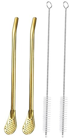 QUARKZMAN 2Stk Edelstahl Strohhalme Löffel 7.1 Wiederverwendbar Metall Trinkender Strohhalm Löffel mit Filter 2 Reinigung Bürsten für Milchshake Getränke Cocktail Gold