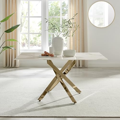 Furniturebox UK Dining Table - Leonardo 6 Seater - Glass White Marble Effect Table Shiny Gold Metal Legs -Nested Starburst Design - Modern Contemporary Dining Room Home Kitchen
