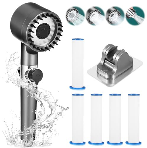 Duschkopf Hochdruck mit 4 Modi, Verstellbarer Wassersparend Handbrause Massagedusche mit 5 Duschkopf Filter und Halterung, Duschkopf mit stoppfunktion für Erwachsene Kinder Haustiere