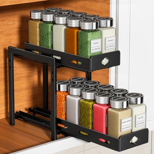 MAYZOLOP Gewürzregal Ausziehbar, 2 Etagen Höhenverstellbar Gewürzregal Schrank Küchen Organizer, Teleskopschublade, Gewurzregalsystem für Küchen Schrank, 13,4cm B x 26,8cm L x 23,2cm H