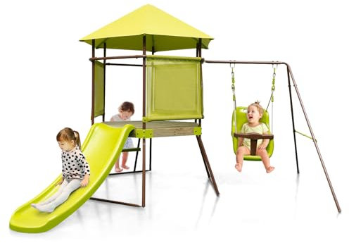KOMFOTTEU Kinder Spielturm Klettergerüst, 4 in 1 Kinderspielplatz mit Rutsche, Klettergerüst, Sandkasten & Kinderschaukel, Kletterturm Spielhaus für Kinder von 3-7 Jahren