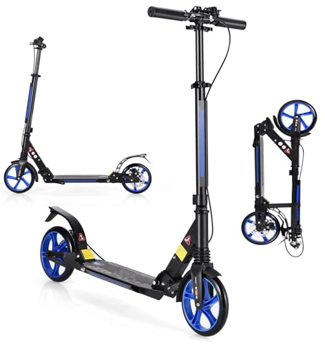 KOMFOTTEU Patinete Plegable con 2 Ruedas con Freno, Scooter con 3 Alturas Regulables, Patinete Infantil con Carga 100 kg, Monopatín con Timbre y Correa, para Niños 8+ y Adultos (Azul)