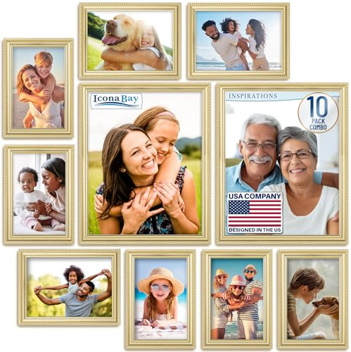 Icona Bay - Combination Gold Picture Frames Set - 10 PC - Five 4x6, Three 5x7, Two 8x10 - Inspirations Collection Multi-Pack for Contemporary Wall Gallery