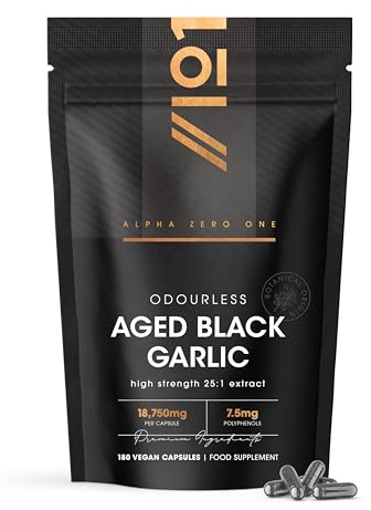 Black Garlic Extract 18,750mg - Fermented & Aged - Standardised 7.5mg Polyphenols - 180 Vegan Capsules (6 Months Supply) by Alpha01