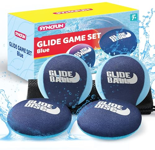 SYNCFUN 4 Pcs Skip Water Balls,Splash Water Bouncing Balls with Mesh Bag, Beach Toys for Kids, Pool Toys for Friends and Family, Fly Swimming Game Adults, Boys,Teens, Great for All Ages (Blue)
