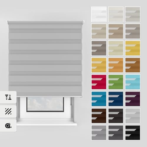 Estika Doppelrollo mit Bohren 60x220 cm Farbe: Hellgrau, Rollo Deckenmontage und Wandmontage Fenster rollos für innen, Jalousien Fenster, Tür Rollo