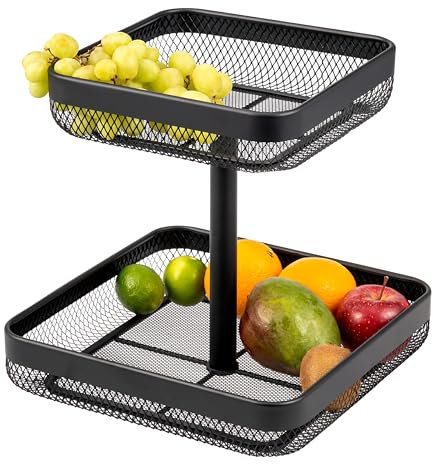 eluno 2-stöckige eckige Obstetagere/Brotkorb, Etagere, Obstschale, Obstkorb aus Metall, viel Platz für die übersichtliche Lagerung von Obst, Gemüse, Brot und Snacks in Küche und Wohnzimmer (Schwarz)