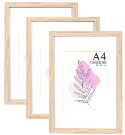 Baoee Bilderrahmen A4 Eiche 3er Set, 21x29.7cm mit Passepartout 15x20cm, Bilderrahmen Din A4 Holz mit Acrylglas,Posterrahmen, Urkundenrahmen, freistehend und zur Wandmontage