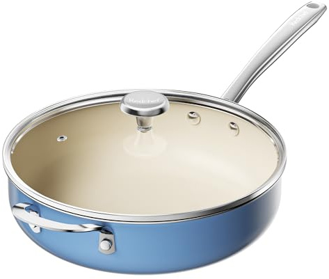 Redchef Sartén de 28 cm, sartén con tapa antiadherente de cerámica, sartén de inducción de cerámica con mango de acero inoxidable, sin PTFE, libre de PFOA, sin PFAS, apta para horno, Azúl