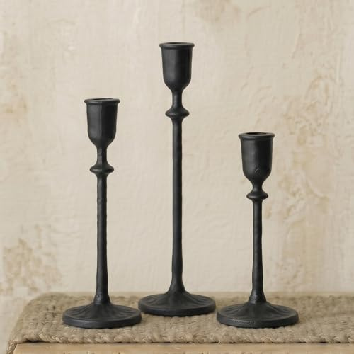 Kerzenhalter Antik 3er Set Gusseisen Kegelkerzenhalter Schwarz | Vintage-Kerzenständer für Esstisch, Kaminsims, Weihnachtsdekoration,