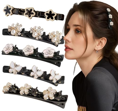 Pack de 5 double couche clip cheveux,SSKHE femmes tressées clip cheveux,fleurs,papillon,accessoires de cheveux en cristal,créer une variété de coiffures élégantes