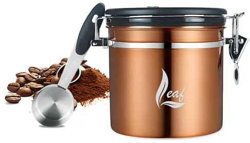 Generisch Bidón de café Airtight, contenedor de almacenamiento de café de acero inoxidable con válvula de CO2, rastreador de fechas y cuchara, tarro Freshness Seal Jar for Ground or Whole Bean Coffee