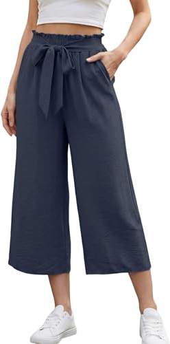 YUTILA Damen Culotte Hose 7/8 Weites Bein Viskose Leichte Sommerhose mit Gummibund & Bindegürtel, Locker Luftig Freizeit Strandhose mit Taschen