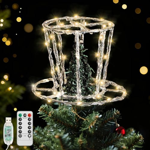 Lewondr Weihnachtsbaumspitze Hut, 9,45 Epoxid Hut Christbaumspitze mit 40 LED Birnen, 6 Std. Timer & 8 Modi USB Fernbedienung, Weihnachten Baumspitze Weihnachtsdeko für Innen Feiertag, Schwarz