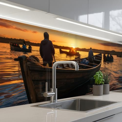 KitchenYeah© Splashback for Kitchen self Adhesive Sink Splash Splatter | 24x98 / 60x250 cm - Guard Backsplash Decor Boats - Water - Sunset - Nature - Maritime