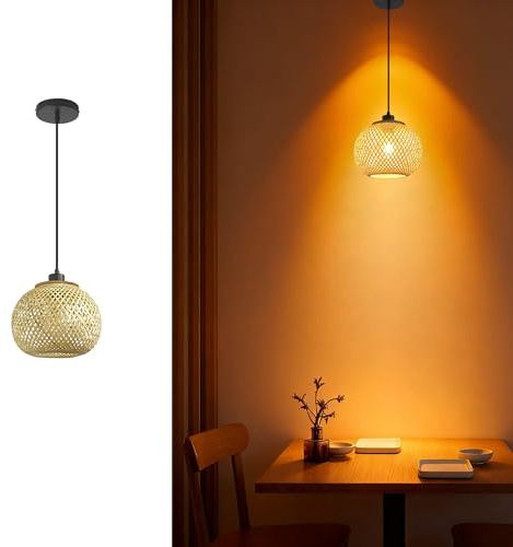 YIKEGE LICHT Vintage Boho Rattan Lampe Hängelampe Pendelleuchte Hängeleuchte Holz Bambus Lampenschirm Deckenlampe Badlampe Badezimmerlampe - E27 Deckenleuchten für Wohnzimmer Küche Schlafzimmer Flur