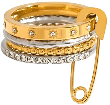 IMINI Set di 4 anelli impilabili con spilla da balia in metallo, set di 4 anelli misti in metallo bicolore oro argento con zirconia cubica, gioielli per nocche e dito medio, taglia Q, Medio, Acciaio