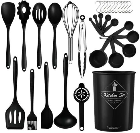 Ensemble de 32 ustensiles de cuisine en silicone avec poignée en acier inoxydable résistants à la chaleur et antiadhésifs avec porte-ustensiles lavables au lave-vaisselle noir (sans BPA)