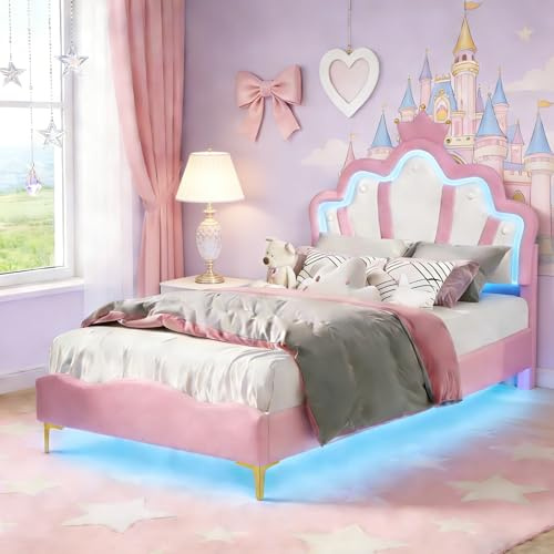 Hauptrolle Kinderbett Polsterbett 90x200cm mit LED-Leiste, Prinzessin Bett für Mädchen mit Kronen-Kopfteil in Rosa PU, Einzelbett mit Lattenrost, ohne Matratze