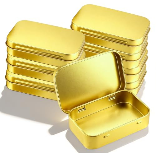TFLPUO 8 PCS Small Tins with Lids, Mini Golden Metal Storage Tin Rectangular Hinged Tins Small Box Containers for DIY Gift Cards Candy Coin mini Items