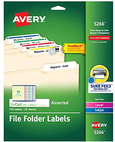 Avery Ordner-Etiketten in verschiedenen Farben für Laser- und Tintenstrahldrucker mit TrueBlock Technologie, 1,7 x 8,9 cm, 750 Stück (5266) (Verpackung kann variieren)