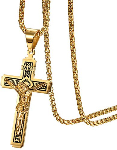 JewelryWe Schmuck Herren Halskette Katholische Jesus Christus auf INRI Kreuz Kruzifix Edelstahl Anhänger mit 22 Zoll Weizenkette Retro Kette Geschenk für Männer