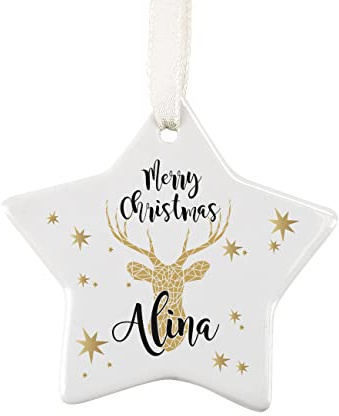 Herz & Heim® Christbaum Geschenk-Anhänger Keramik-Stern mit gratis Namensaufdruck Hirsch