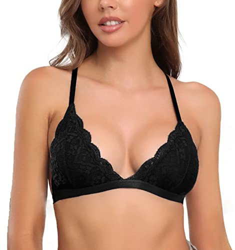 SHEKINI Damen-BHS ohne Bügel Elegant Triangel Bralette Spitze Sexy Racerback Bra mit Gepolstert Unterwäsch (Schwarz, M)