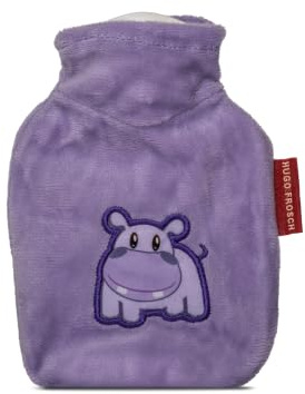 Hugo Frosch Mini-Wärmflasche 0,2 l samtigem Veloursbezug Lila Nilpferd | kleine Mini-Bettflasche Made in Germany, auslaufsicher & langlebig, mit kuscheligem Überzug, abnehmbar & waschbar
