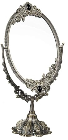 Feyarl Vintage Tischspiegel 360° Drehbarer Schminkspiegel mit Metallrahmen Retro-Stil Doppelseitiger Make-up Spiegel für Schlafzimmer Bad Schminktisch Deko
