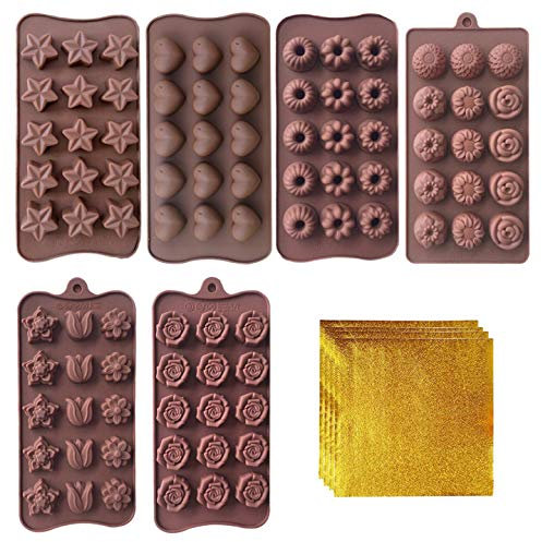 VEGCOO 6 Stück Silikon-Schokoladenformen mit 100 Stück Pralinen, Goldfolienverpackungen, Herzform, Pralinenform, Schokoladenriegel-Formen für Valentinstag, Weihnachten, Party