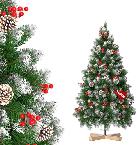 Aufun Árbol de Navidad Artificial con Nieve y piñas, 1,8 Metros. Pino Blanco Natural de Montaje rápido con Soporte