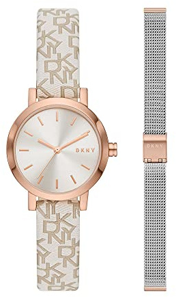 DKNY Soho damklocka i legering med tre visare, 28 mm boett och läderband