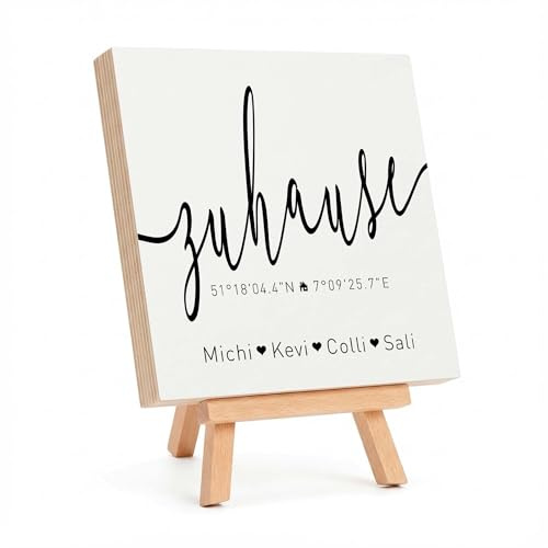 Personalisiertes Holzbild „Zuhause“ mit Koordinaten und Namen – Birkenholz Bild 15 x 15 cm – Dekoration zum Aufstellen oder Aufhängen