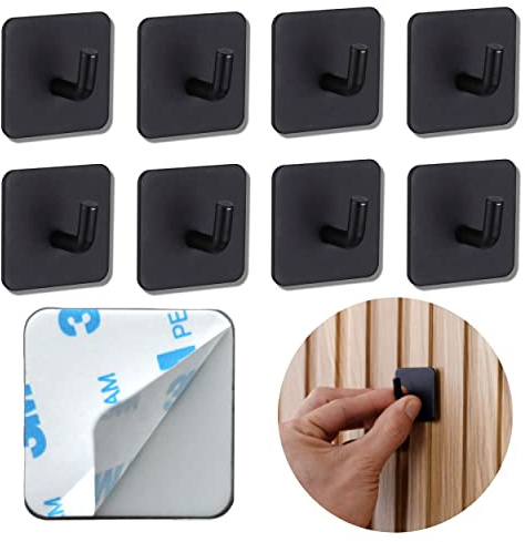 DEKAZIA® 8er-Set Klebehaken schwarz selbstklebend, Wandhaken ohne Bohren | matt, Handtuchhaken, Küchenhaken, Kleiderhaken, Garderobenhaken, für Bad & Küche, klein, extra stark