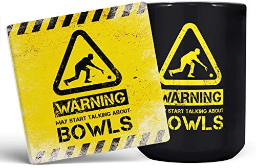 Mug Monster - Warning May Start Talking About Bowls Funny Gift Mug - Ceramic Coffee Cup, Gift for Men or Women, Extra Large and Giant Available, 15oz Black & Coaster