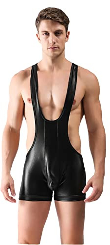BaronHong Herren Mankini Body Singlet Leotard Racerback Glänzende Pu-Leder Boxershorts Wrestling Jumpsuit